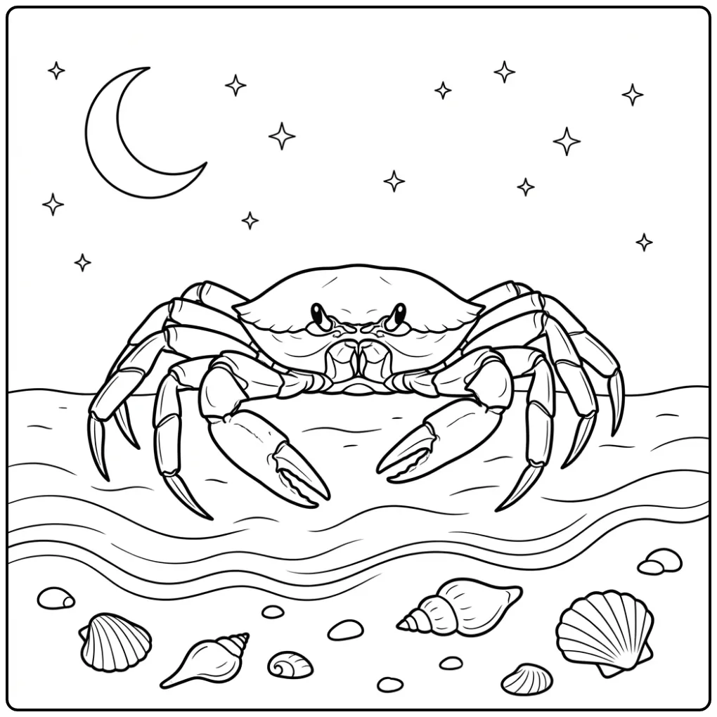 Crab Night Scene with Moon Stars and Shells coloring page