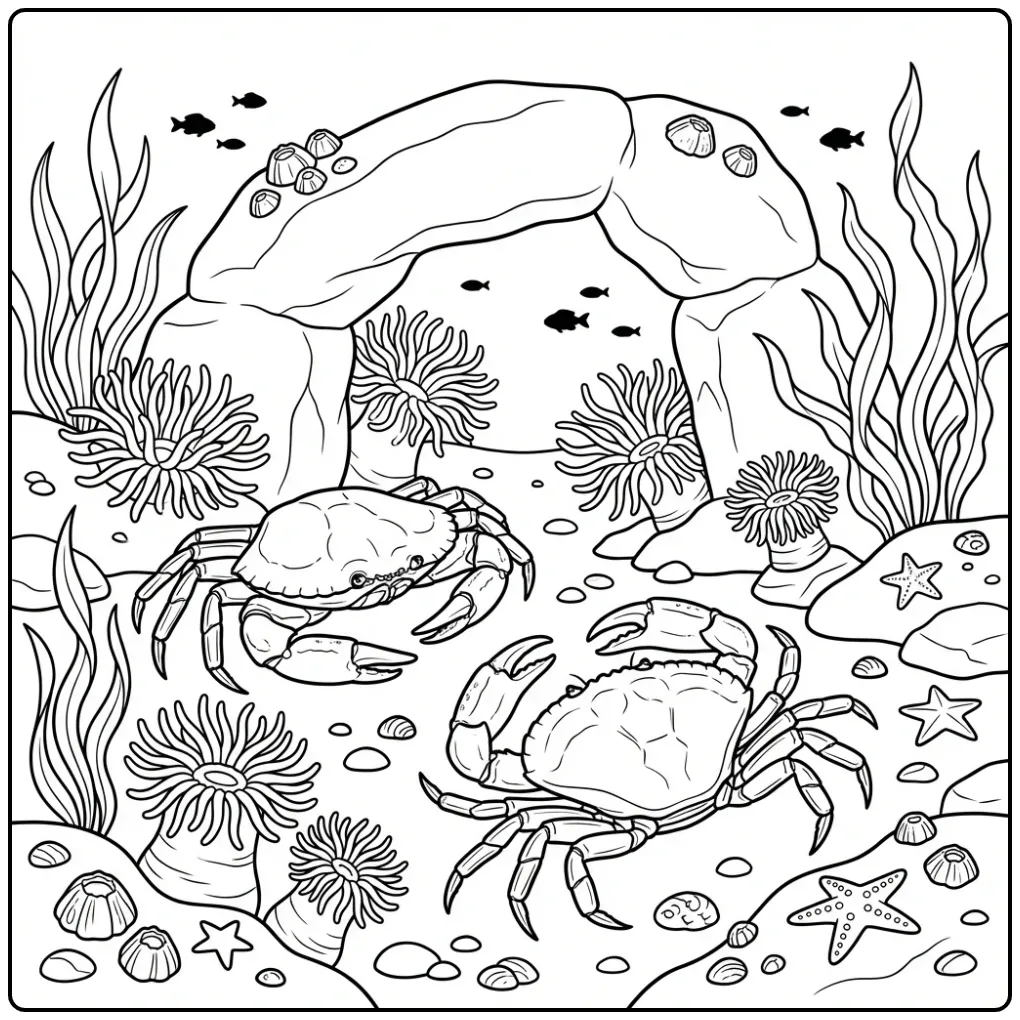 Cheerful Crab with Sea Animals in a Tide Pool coloring page