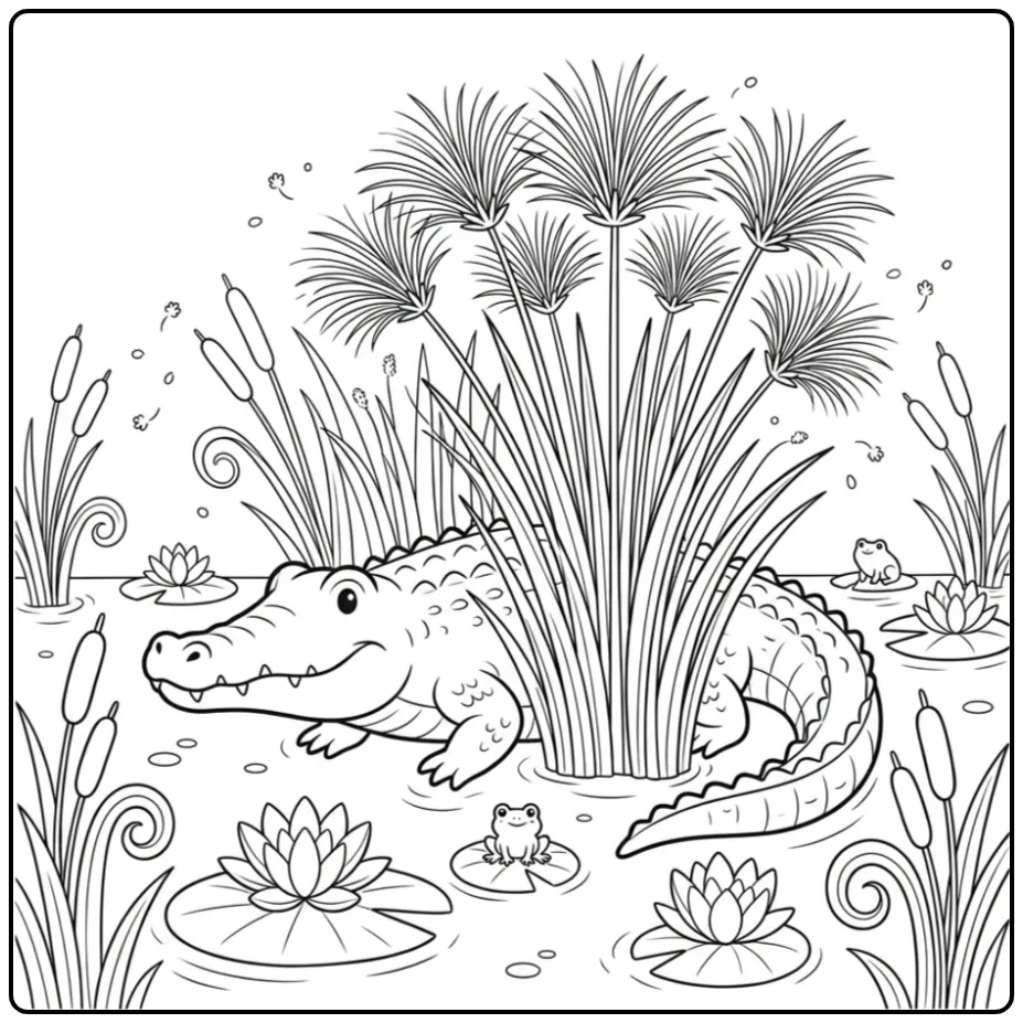 Crocodile coloring page featuring a crocodile in a papyrus marsh