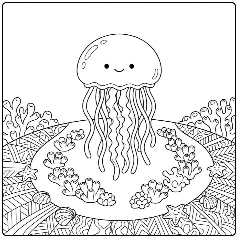 Cute jellyfish coloring page with starfish and a coral reef