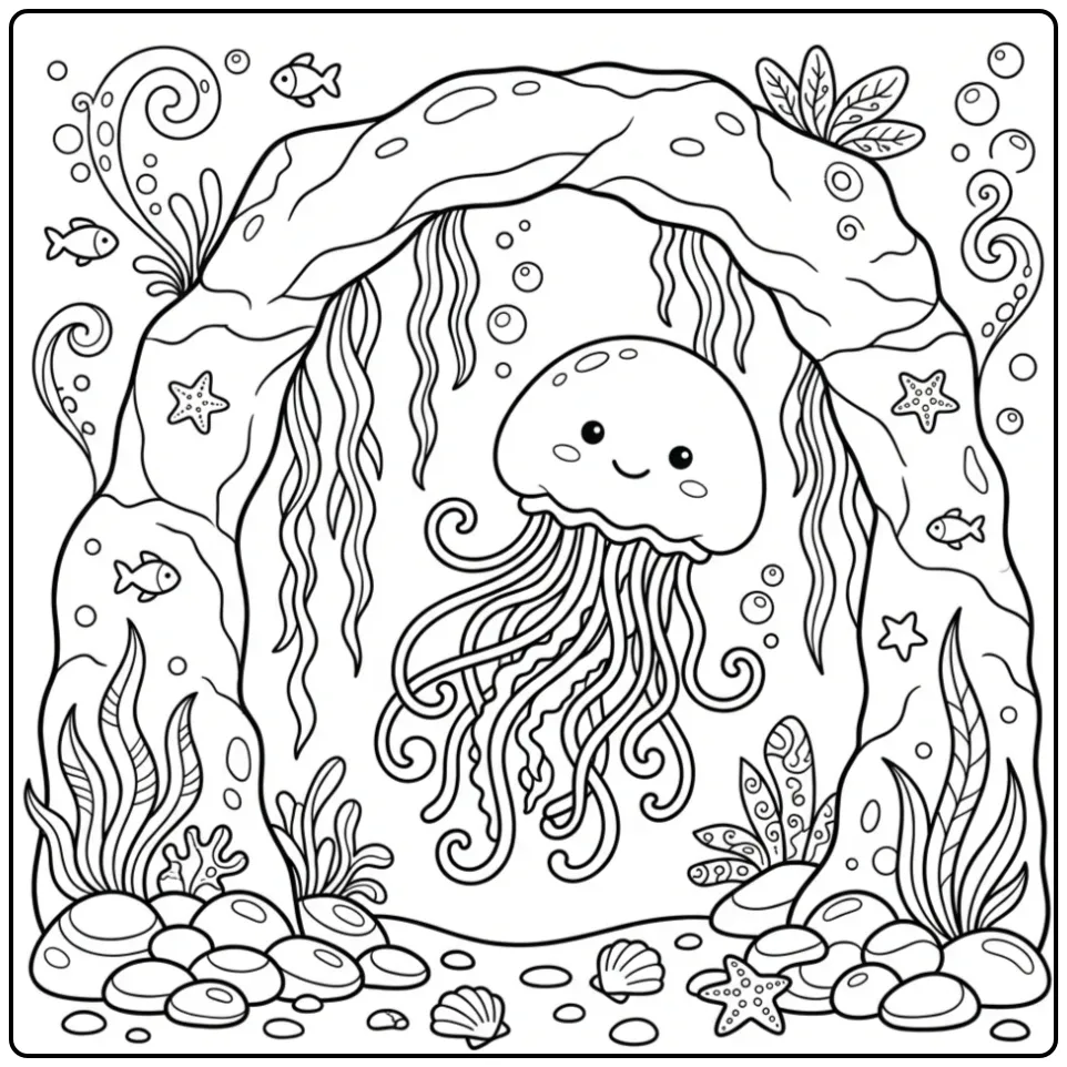 Cheerful jellyfish coloring page swimming under a stone arch