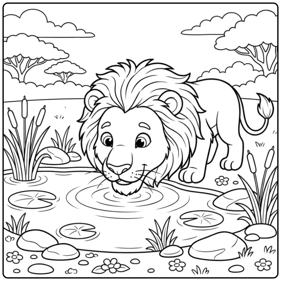 Lion coloring page drinking water by a pool