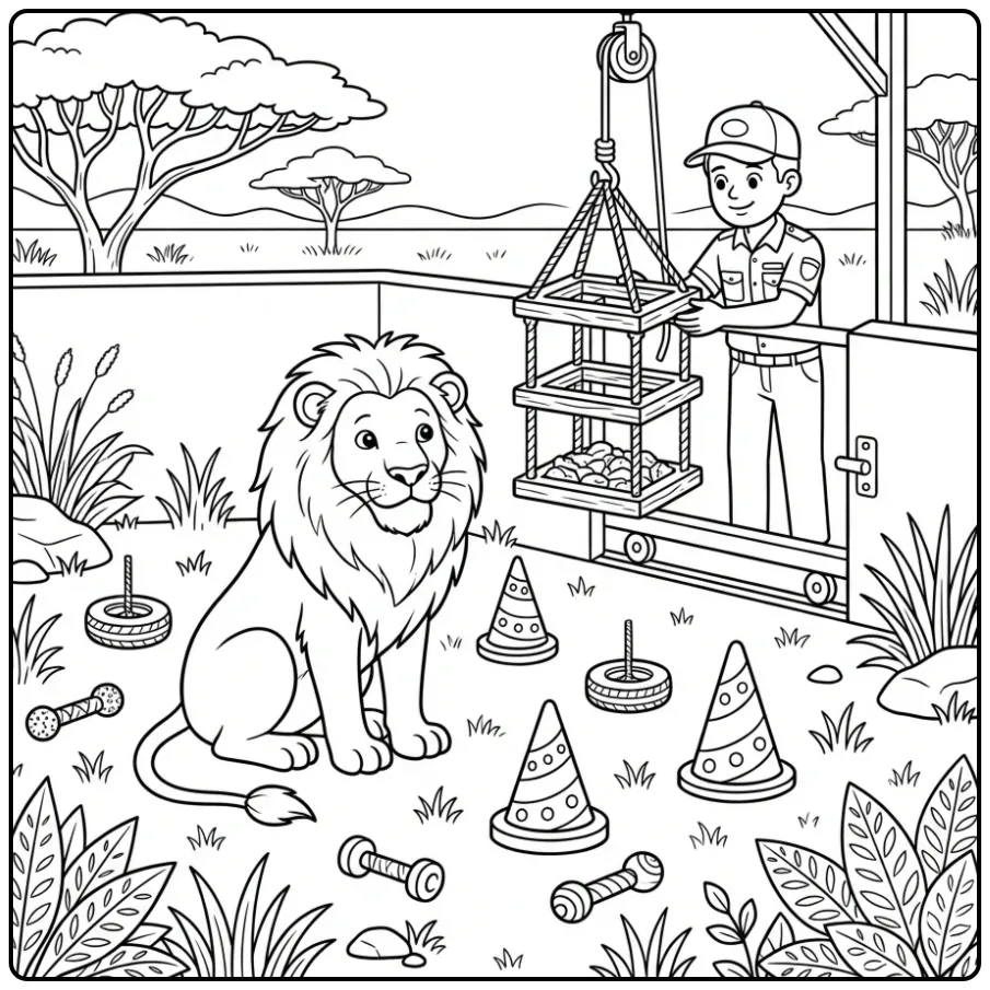 Lion coloring page with a zookeeper and feeder puzzle