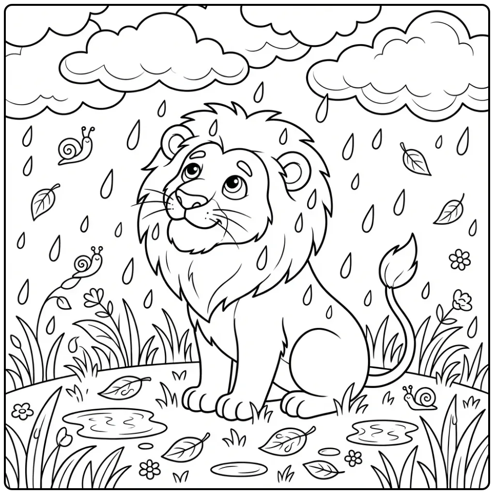 Cute lion coloring page in the rain with clouds
