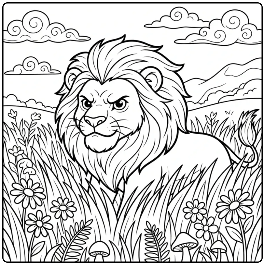 Cute lion coloring page with a mane above tall grass and flowers