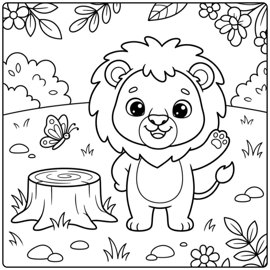 Easy lion coloring page with a waving cub