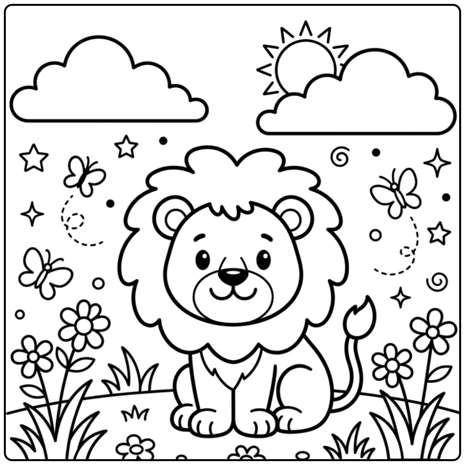 Easy lion coloring page with clouds