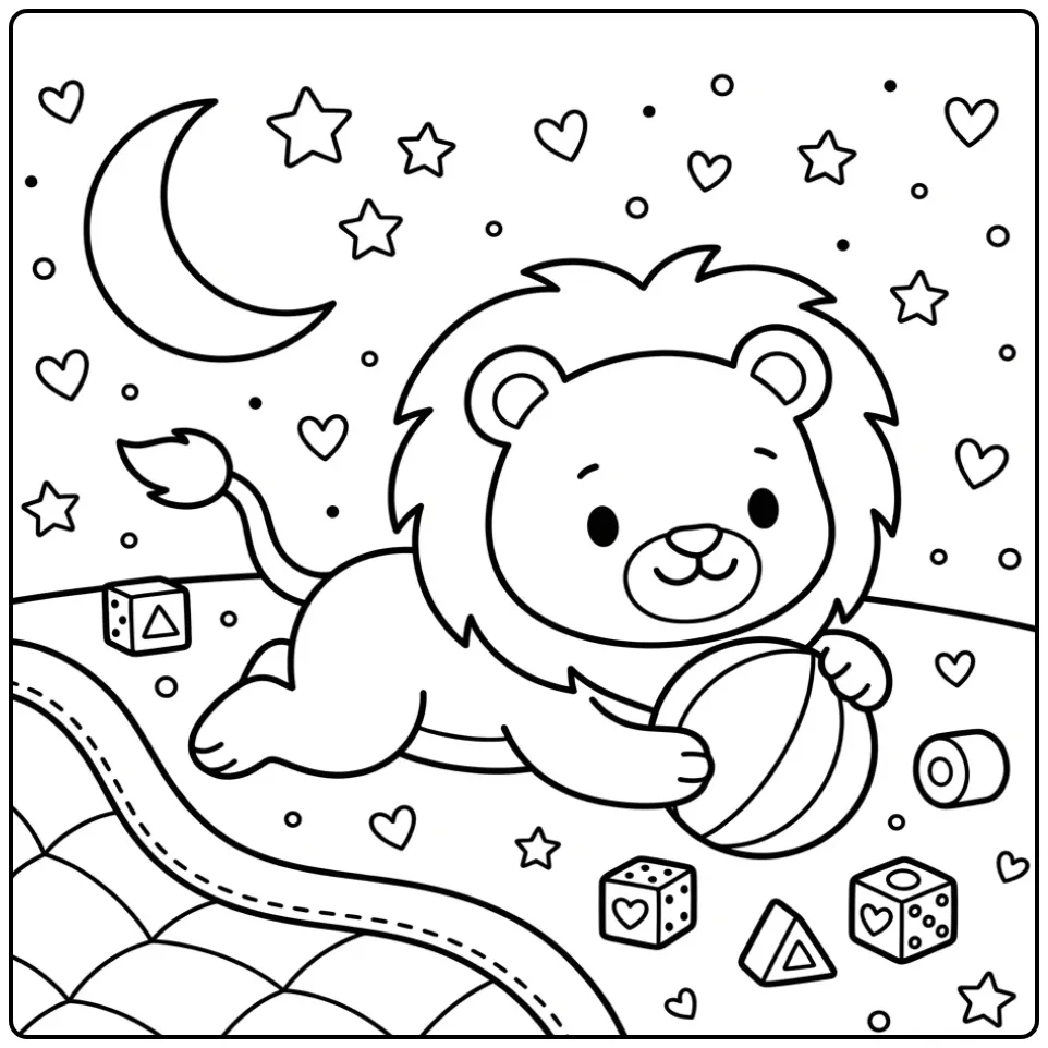 Easy lion coloring page with a ball and stars