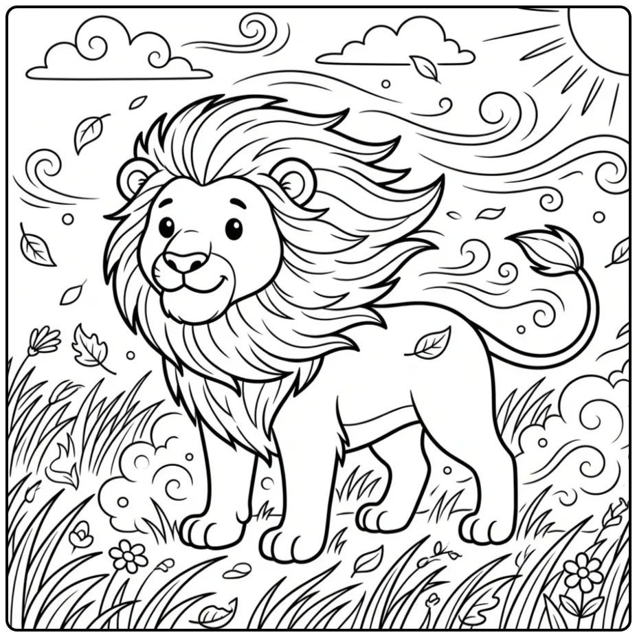 Cute lion coloring page in the wind with waving grass