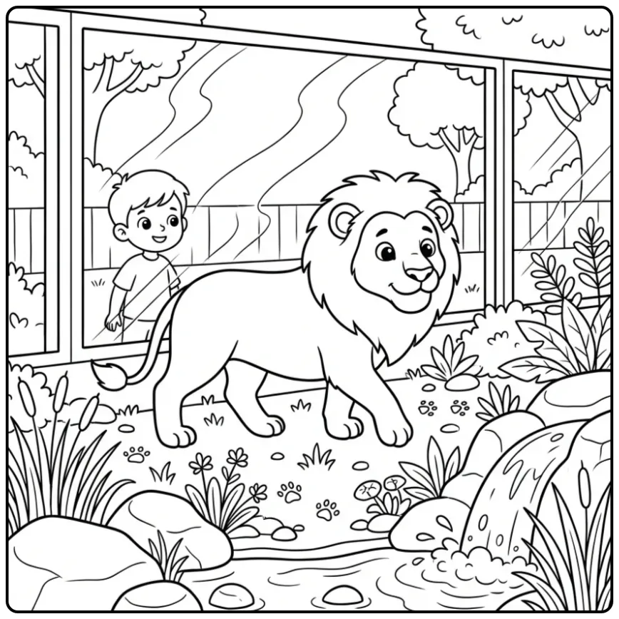 Lion coloring page walking in a zoo enclosure