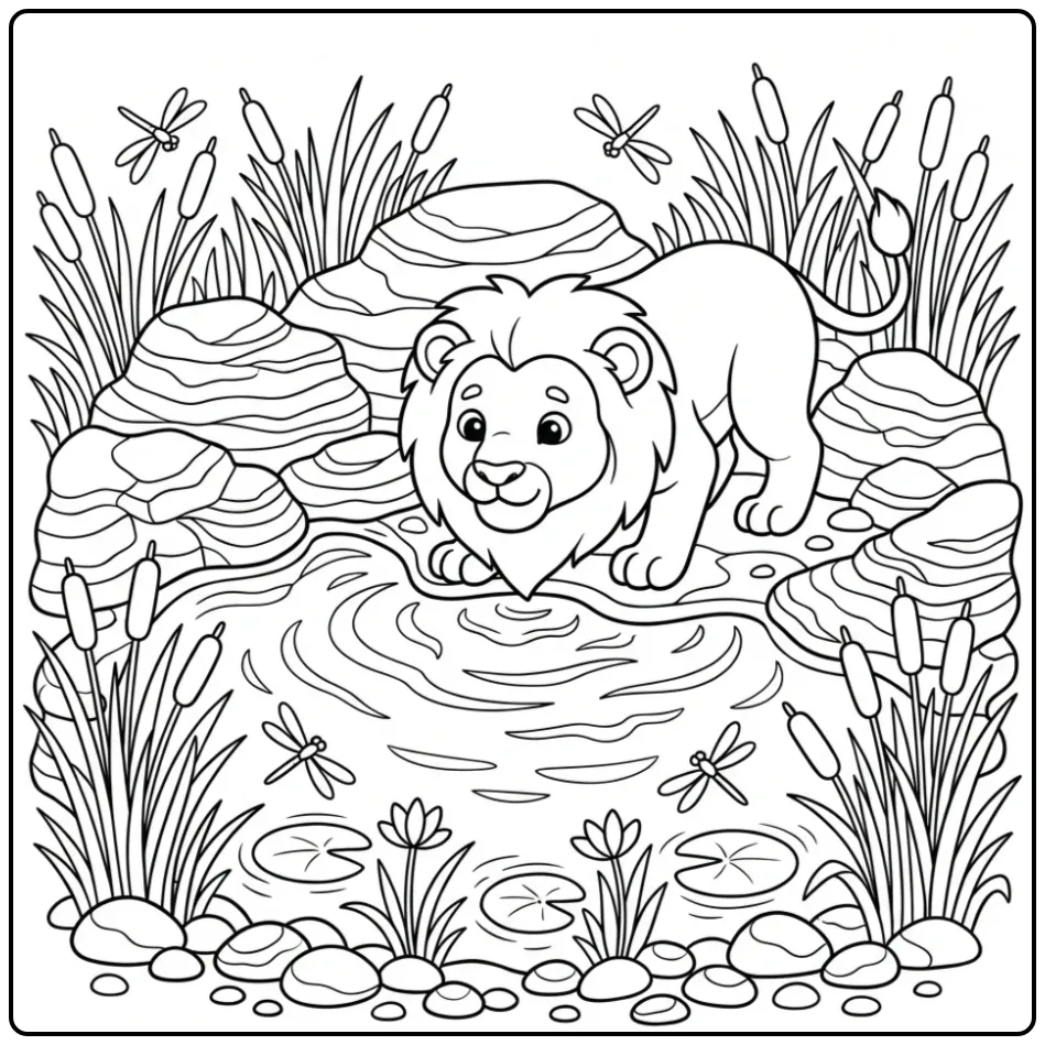 Detailed difficult lion coloring page by a waterhole