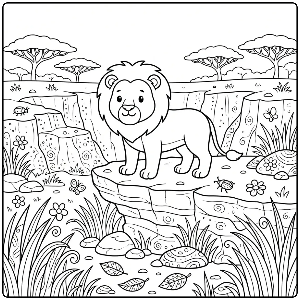 Detailed difficult lion coloring page on a large rock