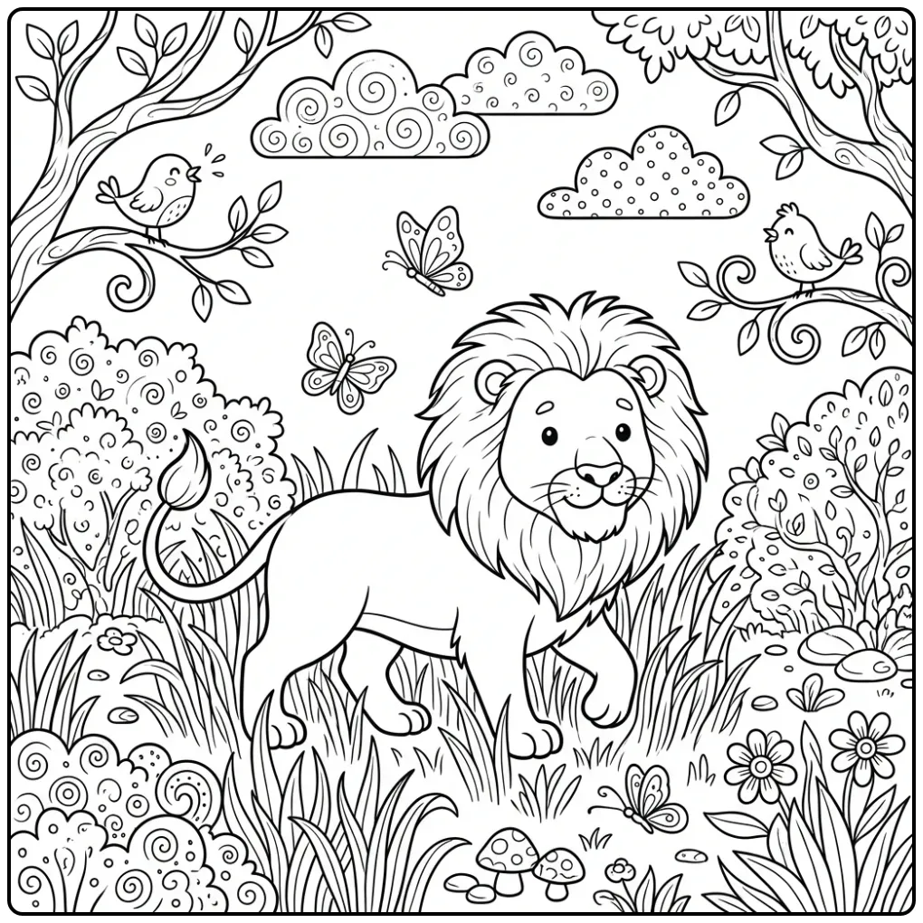 Detailed difficult lion coloring page in tall grass