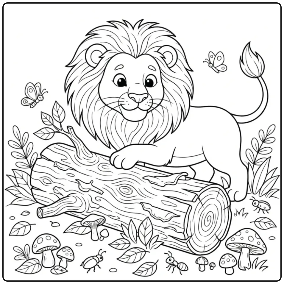 Cute lion coloring page by a fallen tree trunk