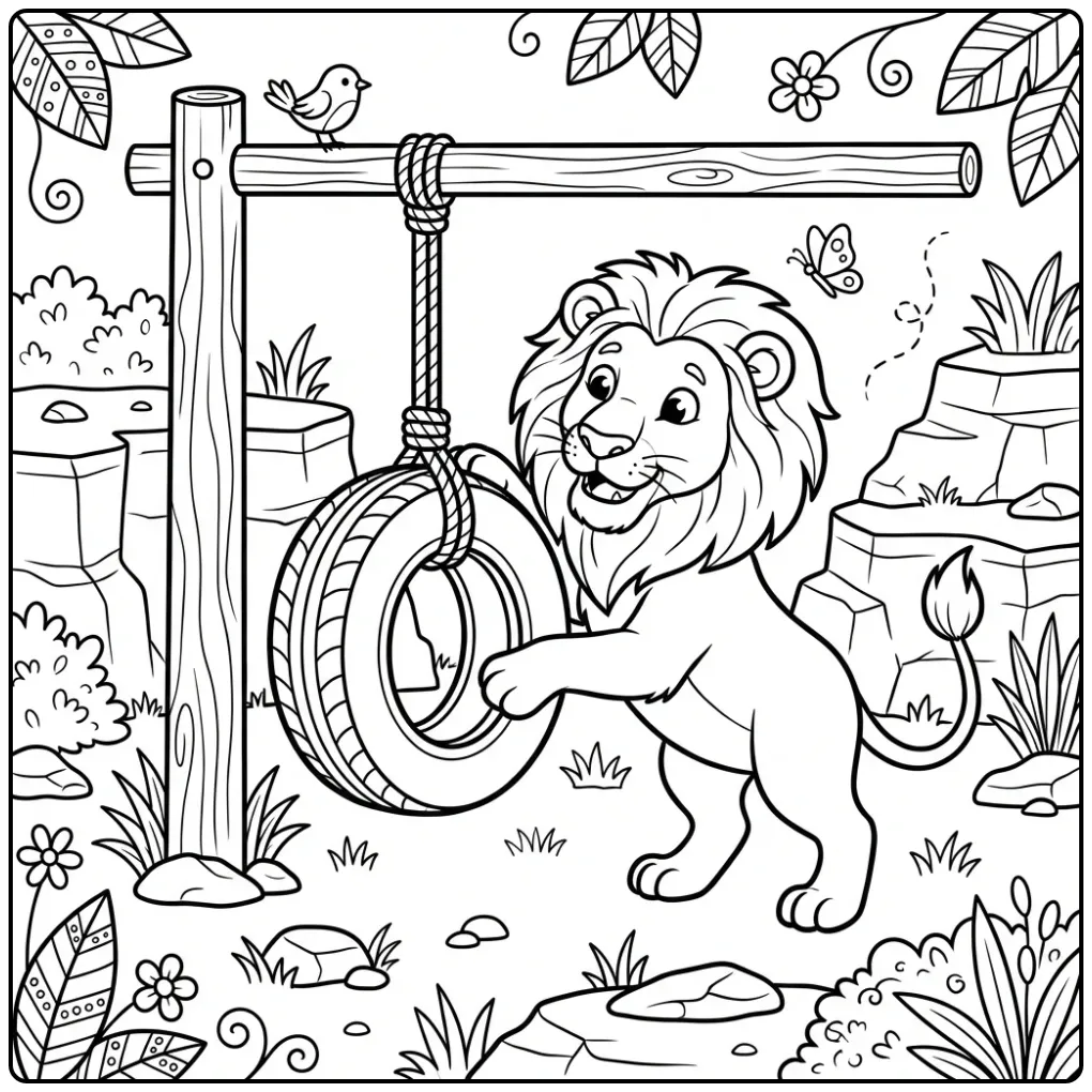 Playful lion coloring page with a tire swing