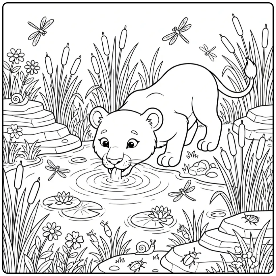 Sweet lioness coloring page drinking water by a pool