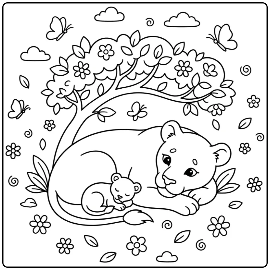 Cute lioness coloring page with her cub under a tree