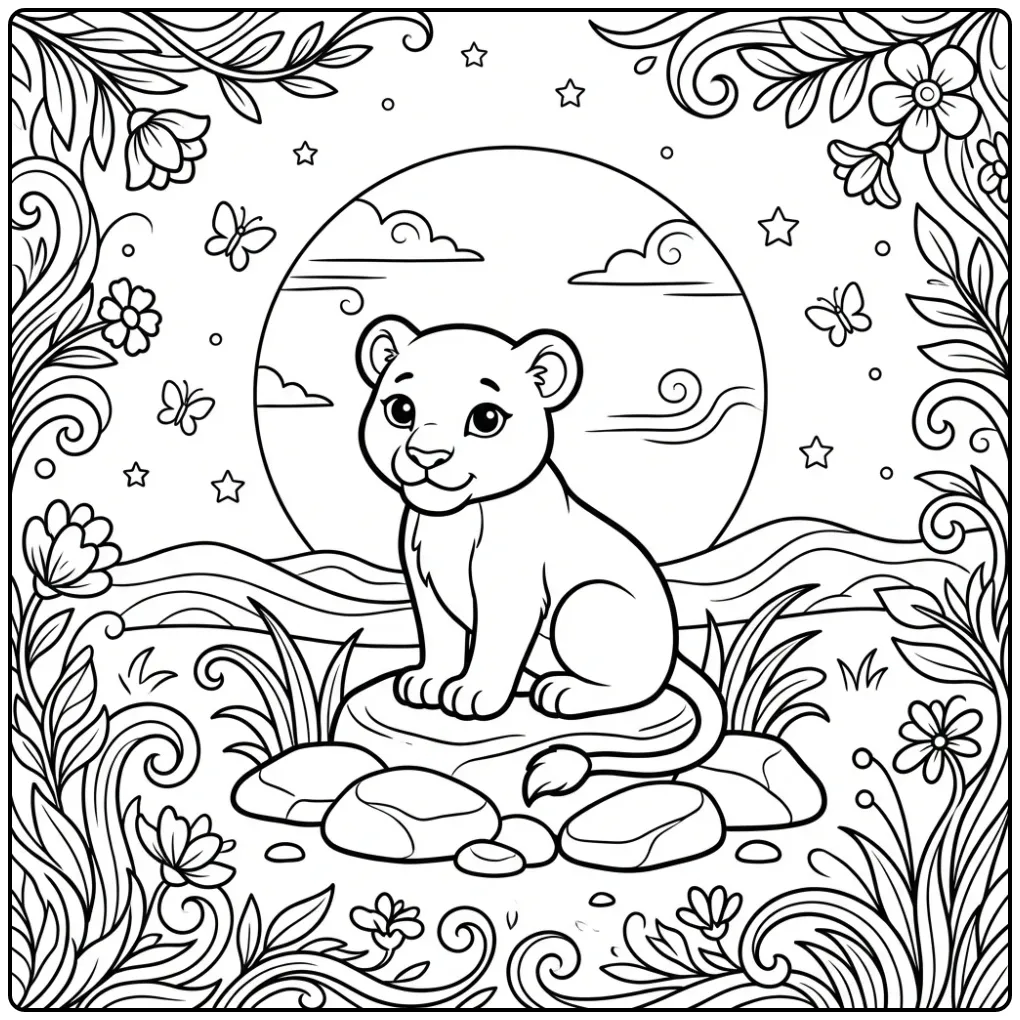 Cute lioness coloring page on a rock at sunset