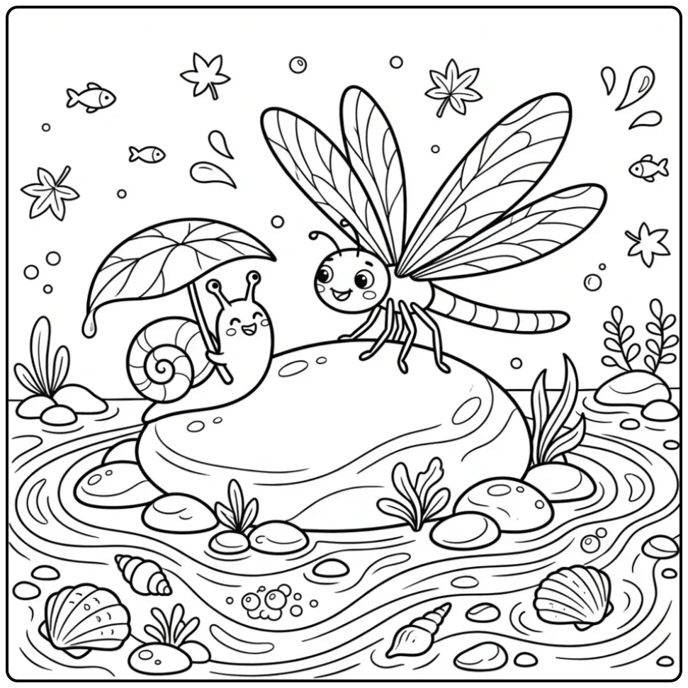 Dragonfly coloring page on a stone with a snail