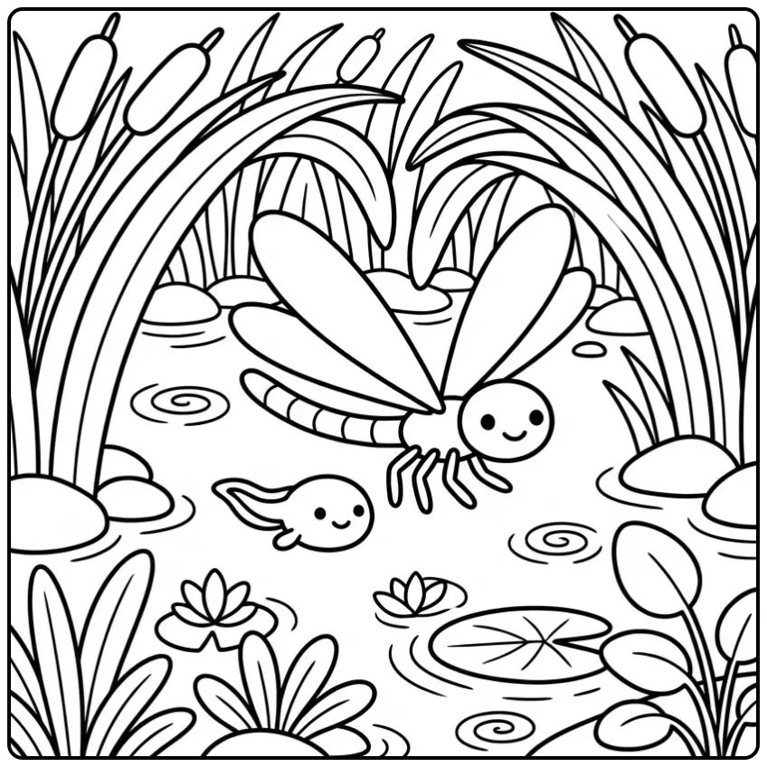 Dragonfly coloring page with a tadpole in the reeds