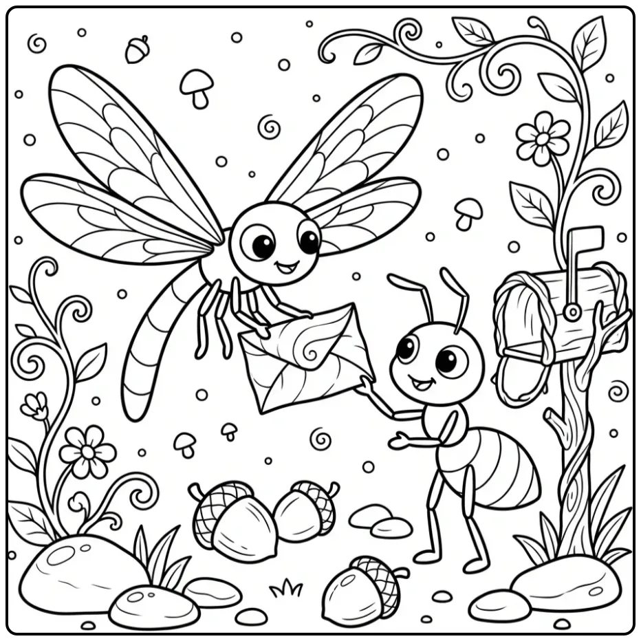 Dragonfly coloring page delivering a letter to an ant