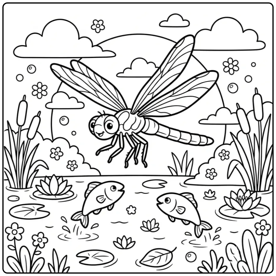 Dragonfly coloring page above a marsh with reeds