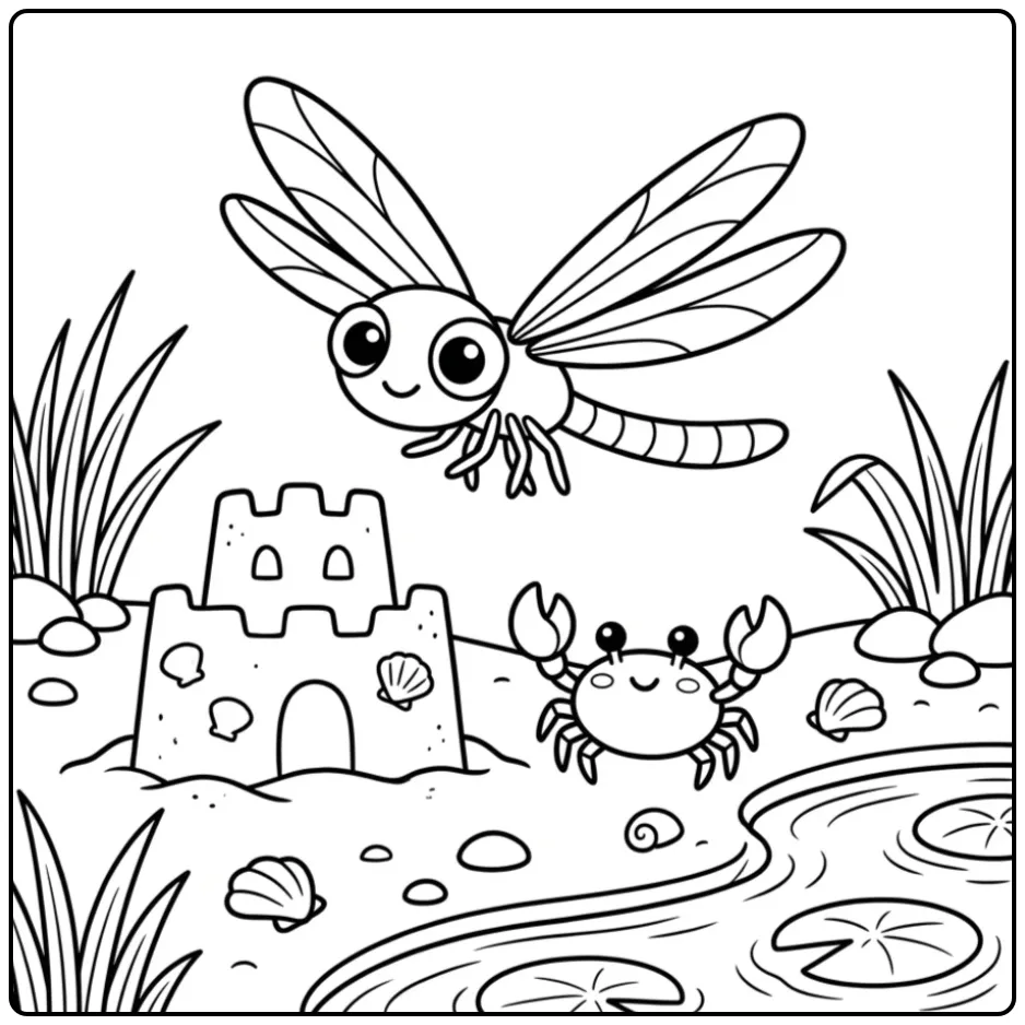 Dragonfly coloring page by a sandcastle with a crab