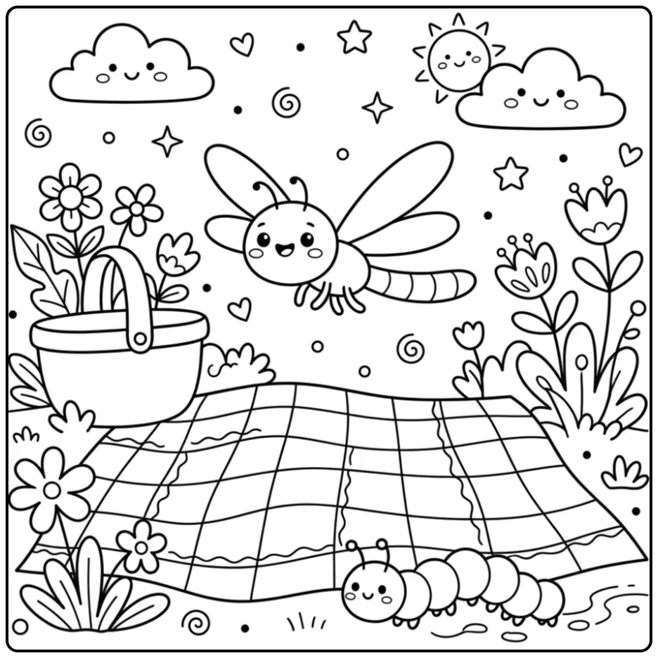 Dragonfly coloring page with a caterpillar by a picnic blanket