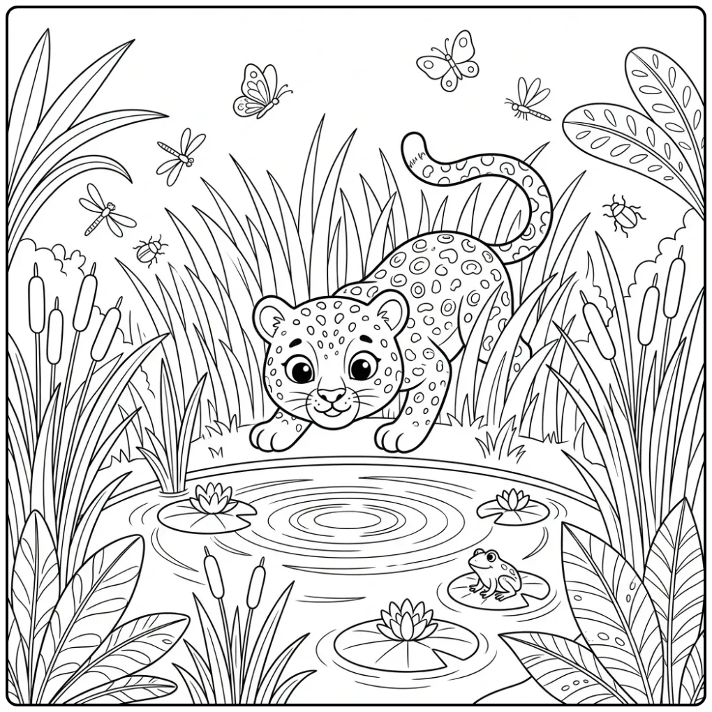 Leopard with a Waterhole in the Jungle coloring page