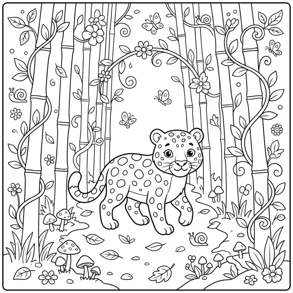 Leopard in an Adventurous Bamboo Forest coloring page