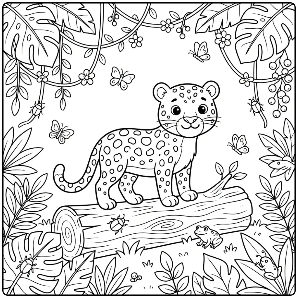 Leopard in the Tropical Rainforest for Children coloring page