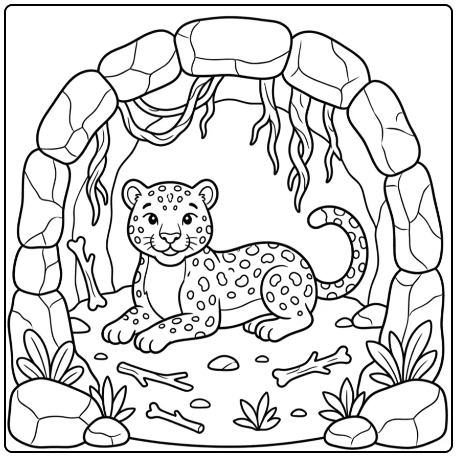 Leopard Relaxing in a Cozy Cave coloring page