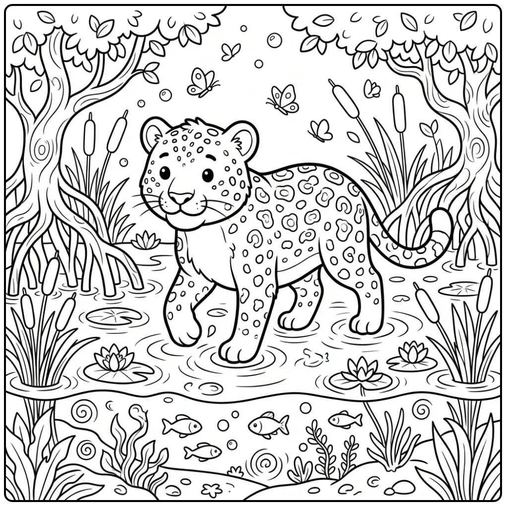 Leopard Among Roots and Reeds coloring page