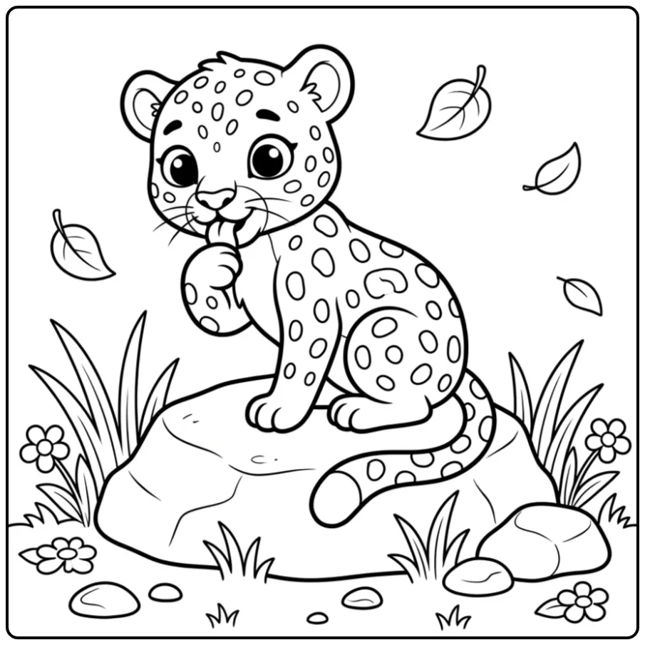 Leopard Sitting on a Big Rock with Flowers coloring page