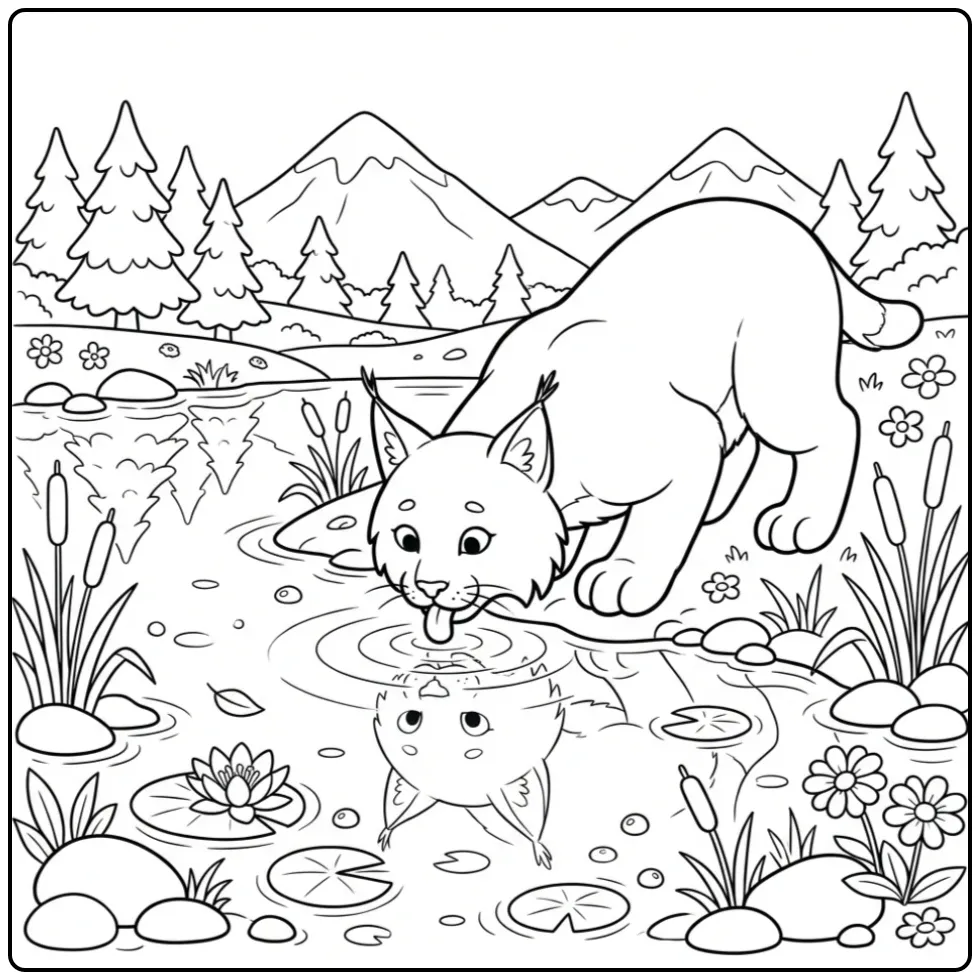 Lynx coloring page drinking from a calm mountain lake