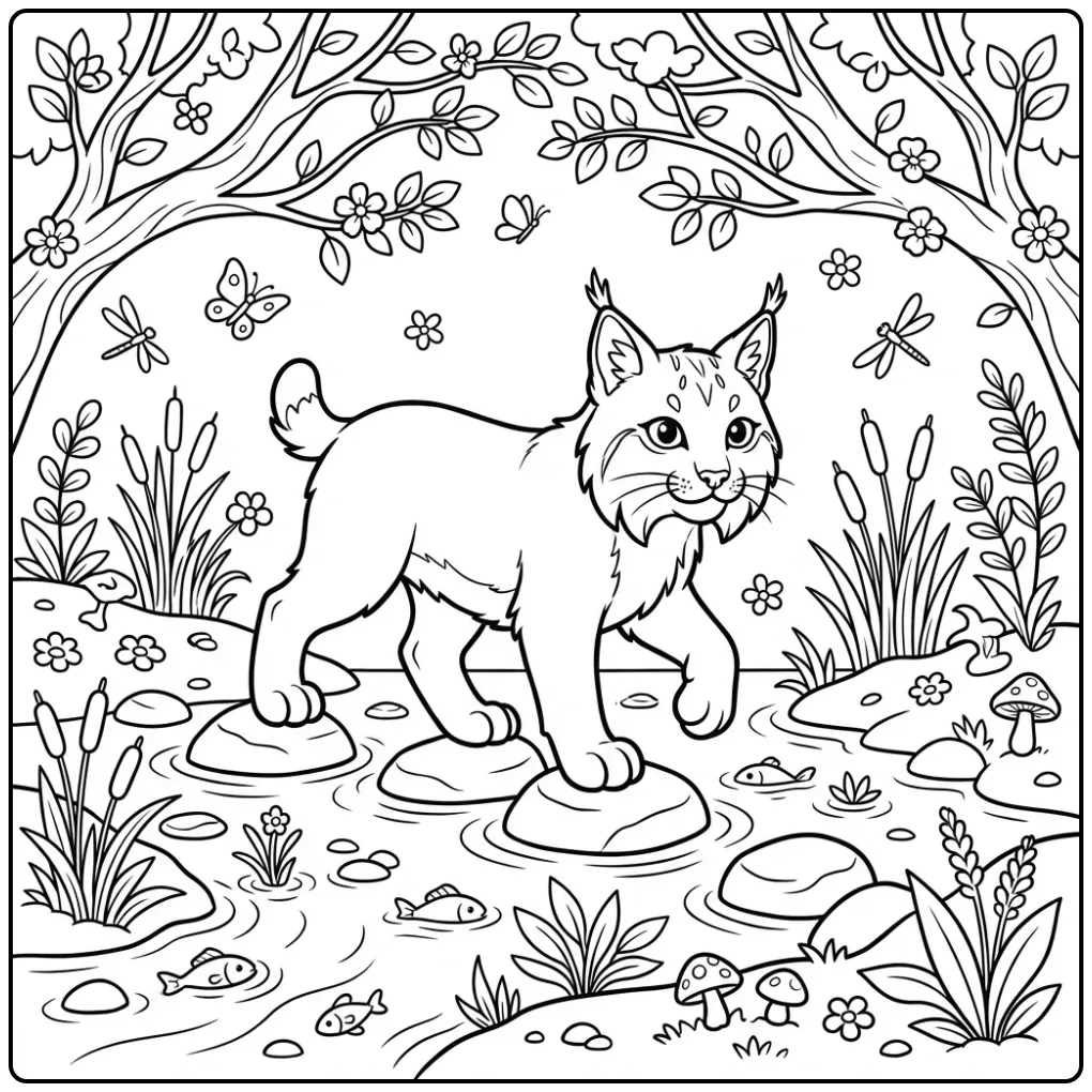Lynx coloring page crossing a stream on stones