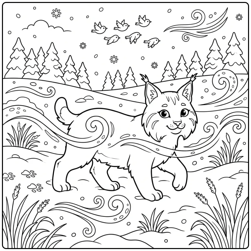 Lynx coloring page walking through a snowy field