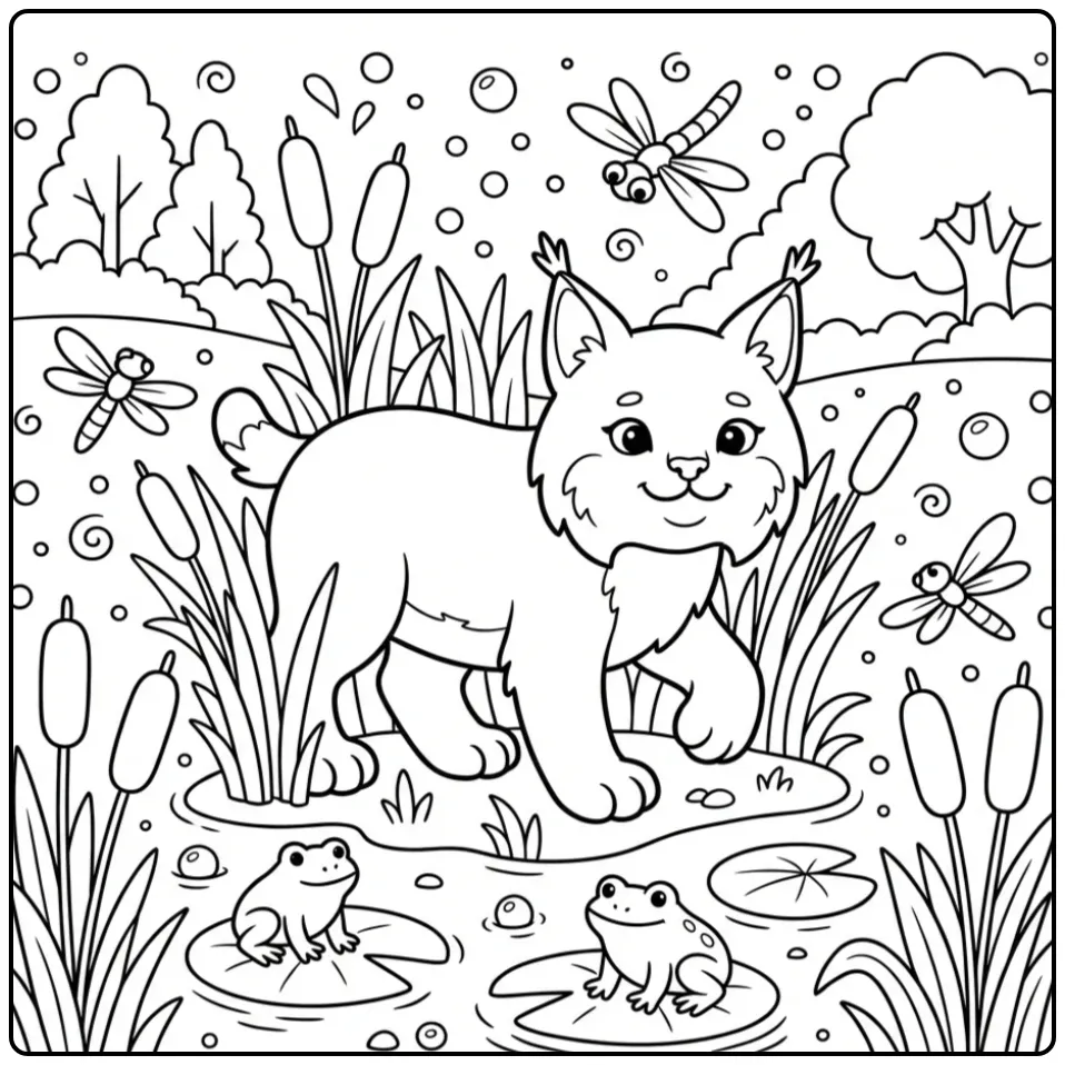 Lynx coloring page among reeds and frogs