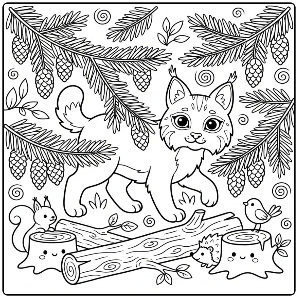Lynx coloring page in a forest full of pinecones