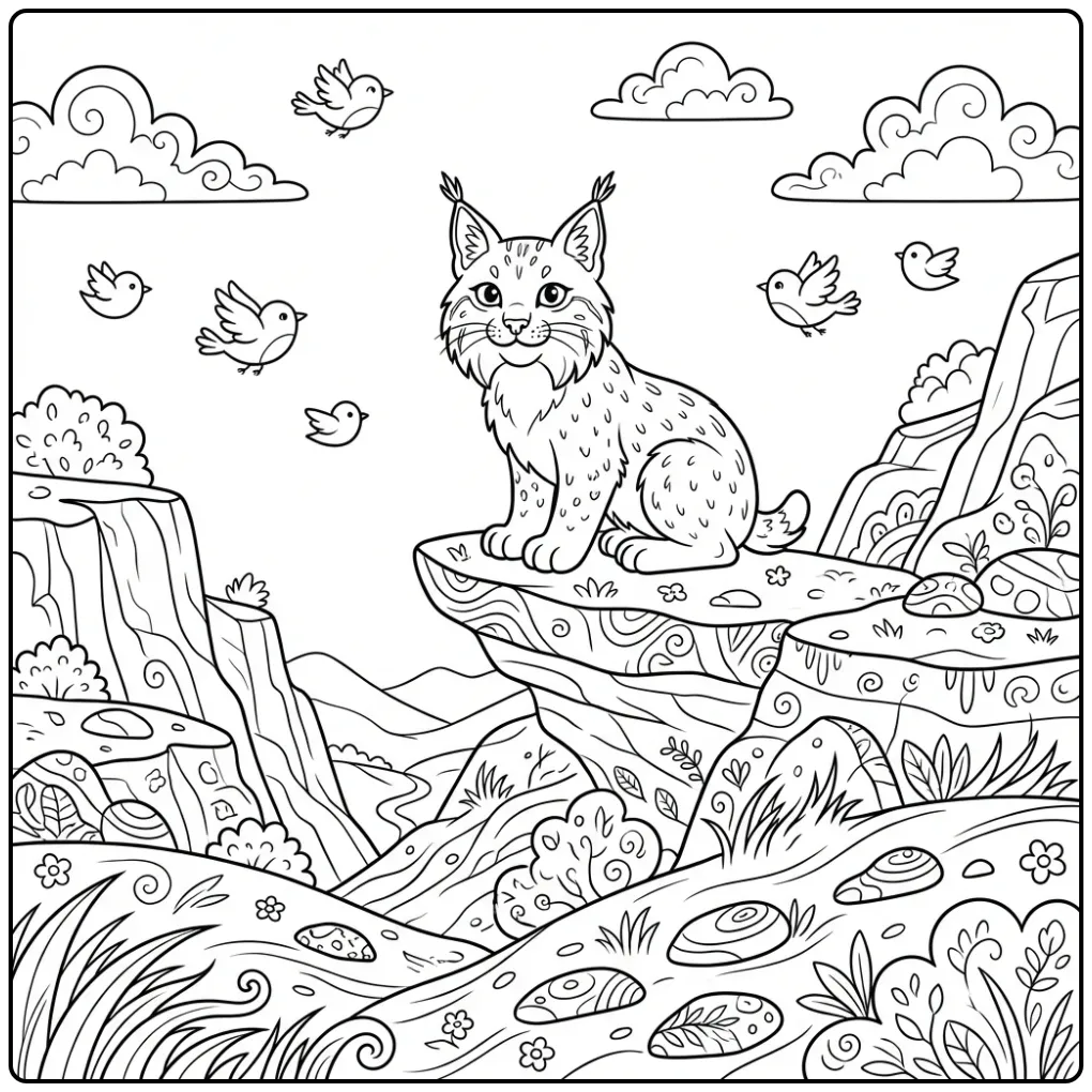 Lynx coloring page on a rocky ledge