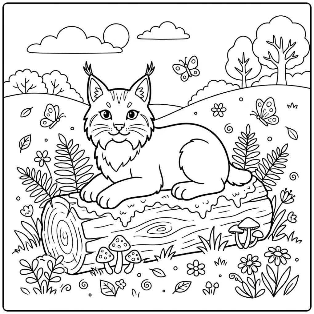 Lynx coloring page on a log in the forest
