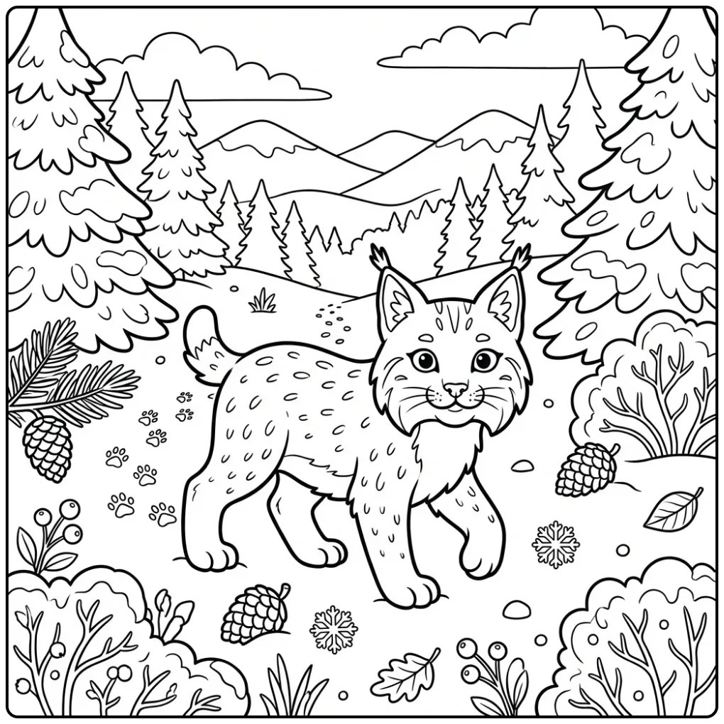 Lynx coloring page in a snowy pine forest
