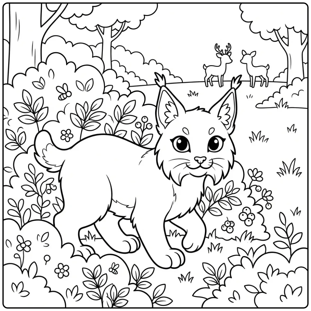 Lynx coloring page behind bushes in the forest