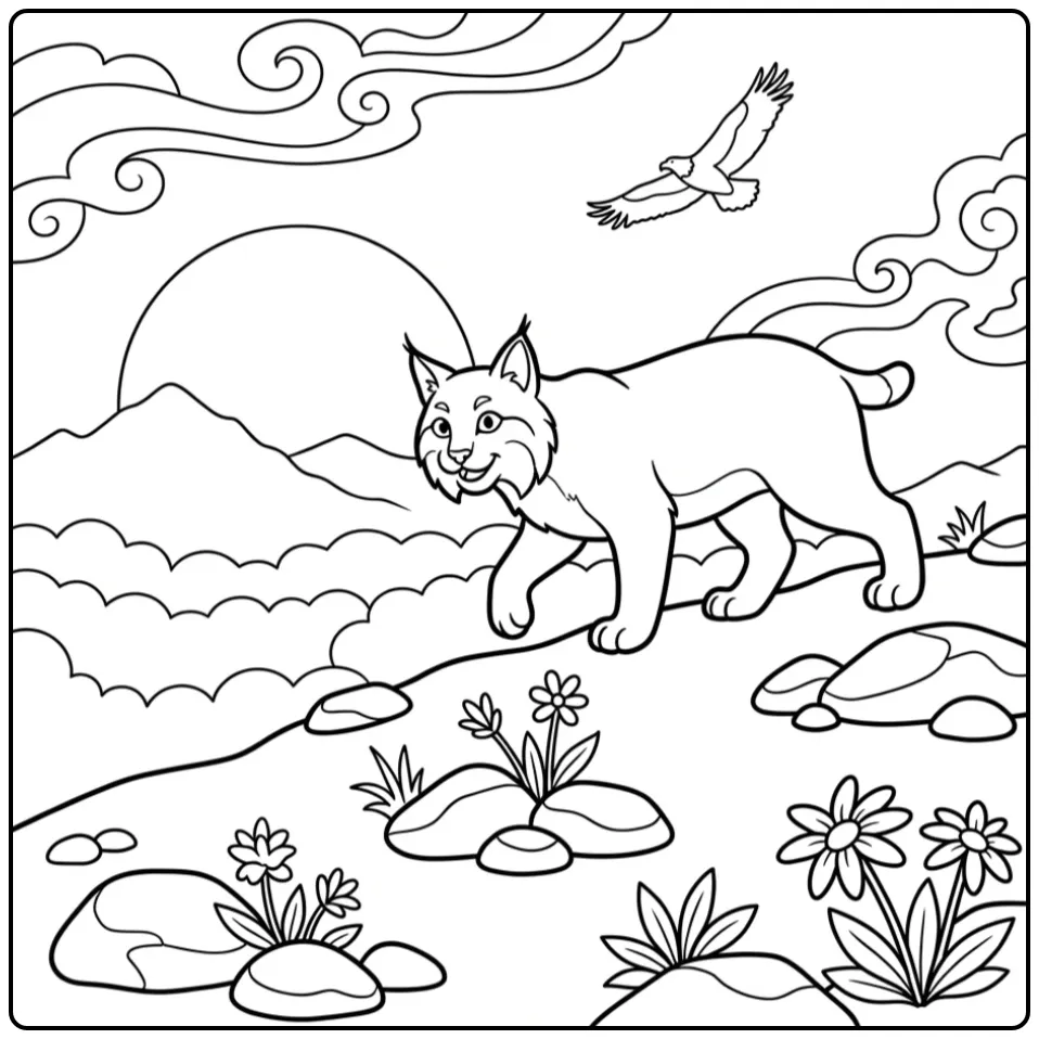 Lynx coloring page on a mountain ridge with an eagle