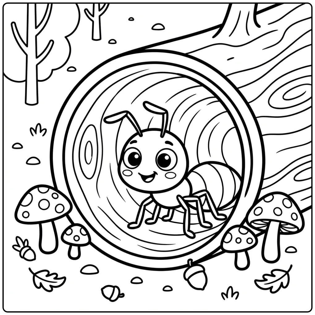 Ant coloring page showing an ant inside a hollow tree trunk