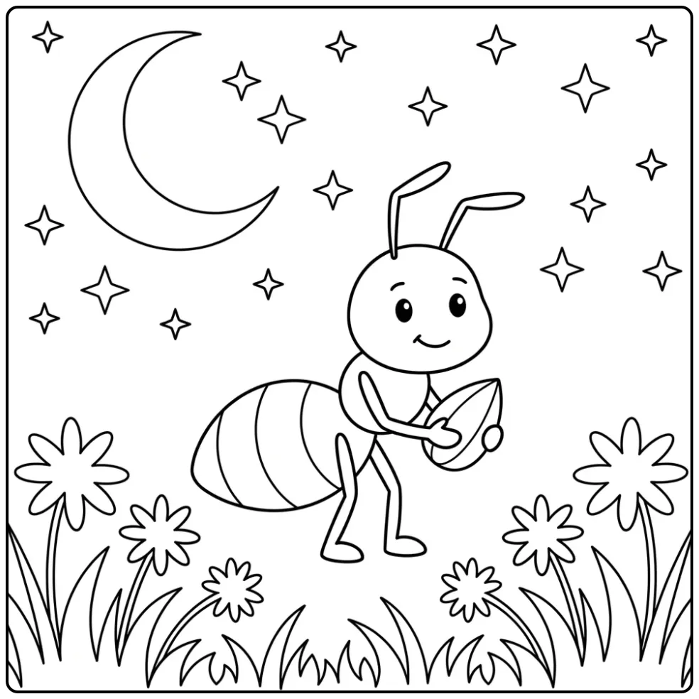 Ant coloring page featuring an ant at night under the stars