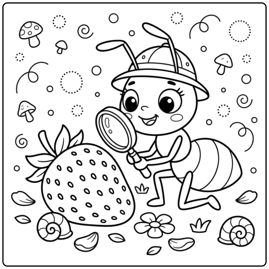 Ant coloring page showing an ant with a strawberry slice