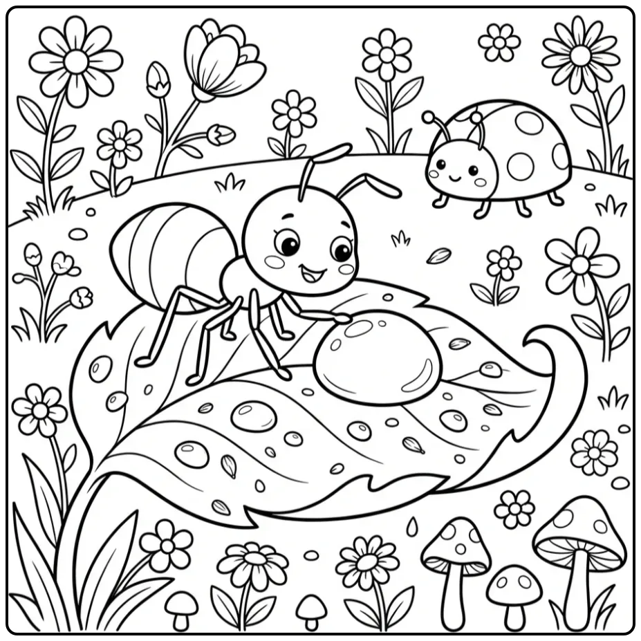 Ant coloring page featuring an ant by a large dew drop