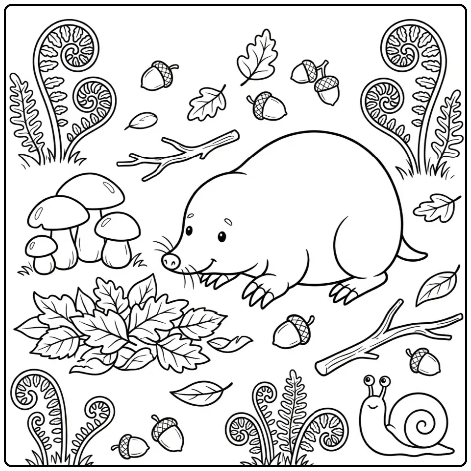 Cute mole coloring page sniffing mushrooms