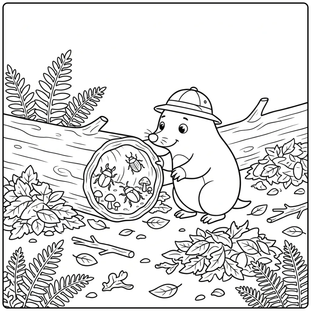 Mole coloring page looking into a hollow log in the forest